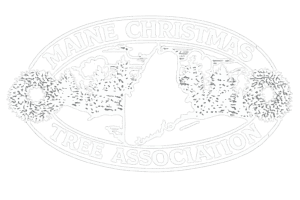 logo for the Maine Christmas Tree Association. Wreathes and Christmas trees surround an outline of the state of Maine